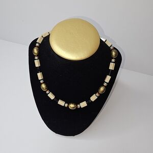 VTG Bohemian Hippie Gold and Cream Beaded Necklace Tribal